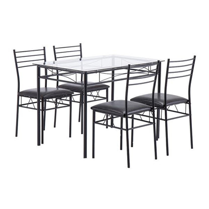 [110 x 70 x 76cm] Iron Glass Dining Table and Chairs Black One Table and Four Chairs PU Cushion