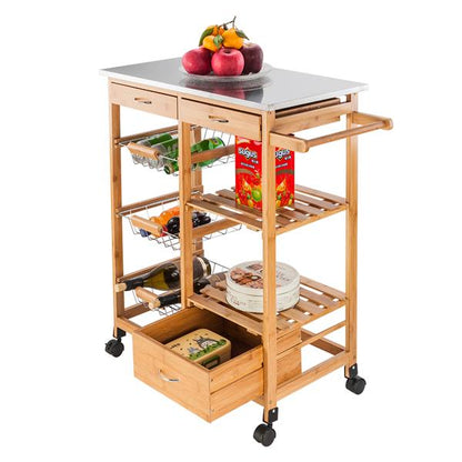 Moveable Kitchen Cart with Stainless Steel Table Top & Three Drawers & Three Baskets Burlywood