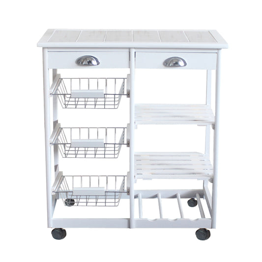 Kitchen & Dining Room Cart 2-Drawer 3-Basket 3-Shelf Storage Rack with Rolling Wheels White