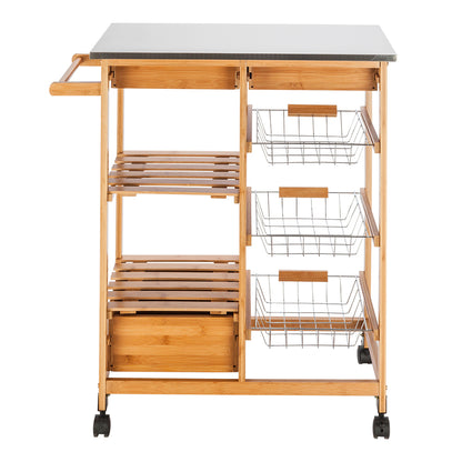 Moveable Kitchen Cart with Stainless Steel Table Top & Three Drawers & Three Baskets Burlywood