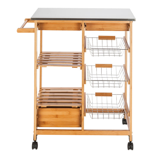 Moveable Kitchen Cart with Stainless Steel Table Top & Three Drawers & Three Baskets Burlywood