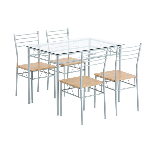 [110 x 70 x 76cm] Iron Glass Dining Table and Chairs Silver One Table and Four Chairs MDF Cushion