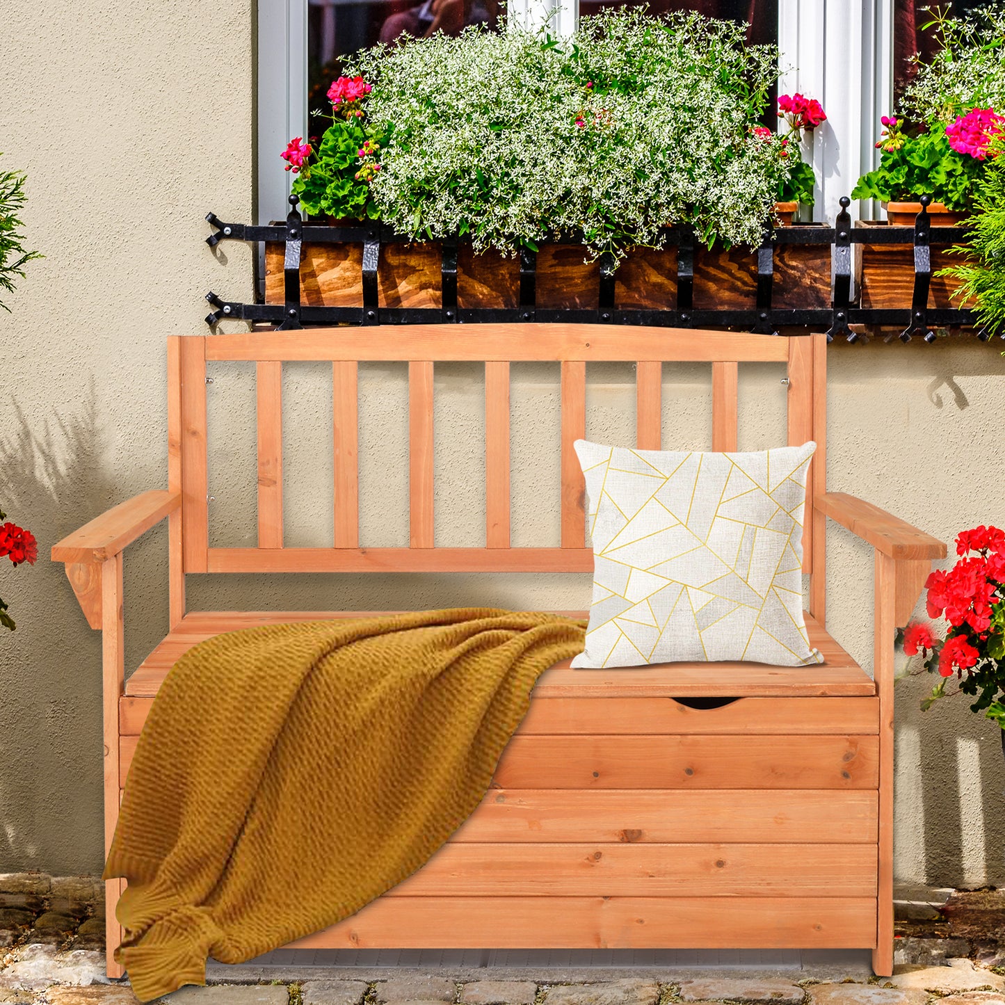 112 * 58 * 84cm Cedar Yard Storage Box With Backrest Armrest Bright Orange Red