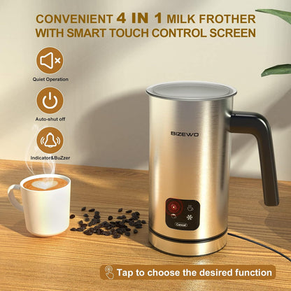 Milk Frother and Steamer, Electric Milk Warmer with Touch Screen, BIZEWO 4 IN 1 Automatic Stainless Steel Steamer for Coffee , Latte, Hot Chocolates(Shipment from FBA)