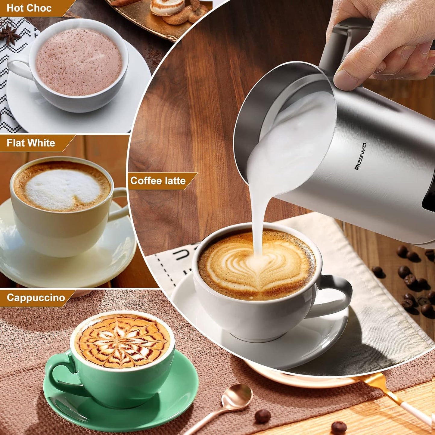 Milk Frother and Steamer, Electric Milk Warmer with Touch Screen, BIZEWO 4 IN 1 Automatic Stainless Steel Steamer for Coffee , Latte, Hot Chocolates(Shipment from FBA)