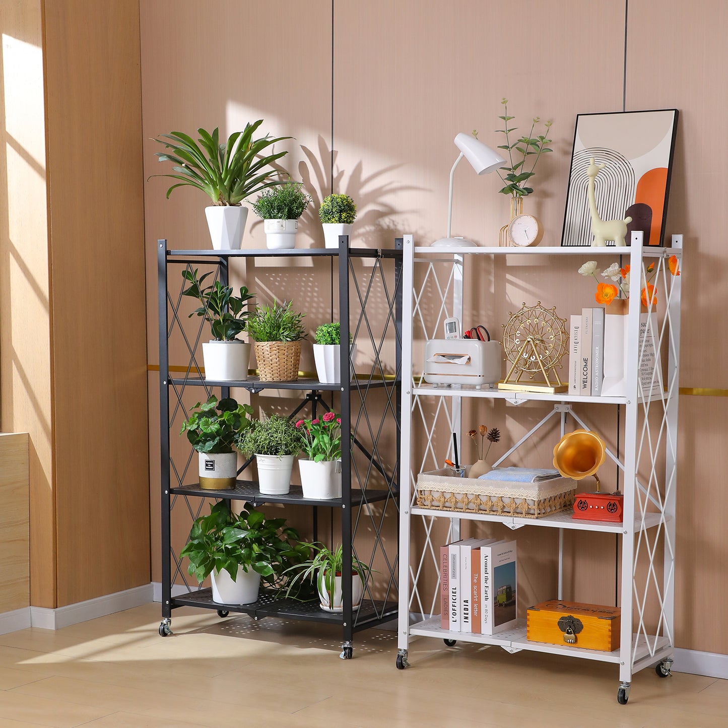 Joybos® 5 Tier White Heavy Duty Foldable Metal Organizer Shelves with Wheels