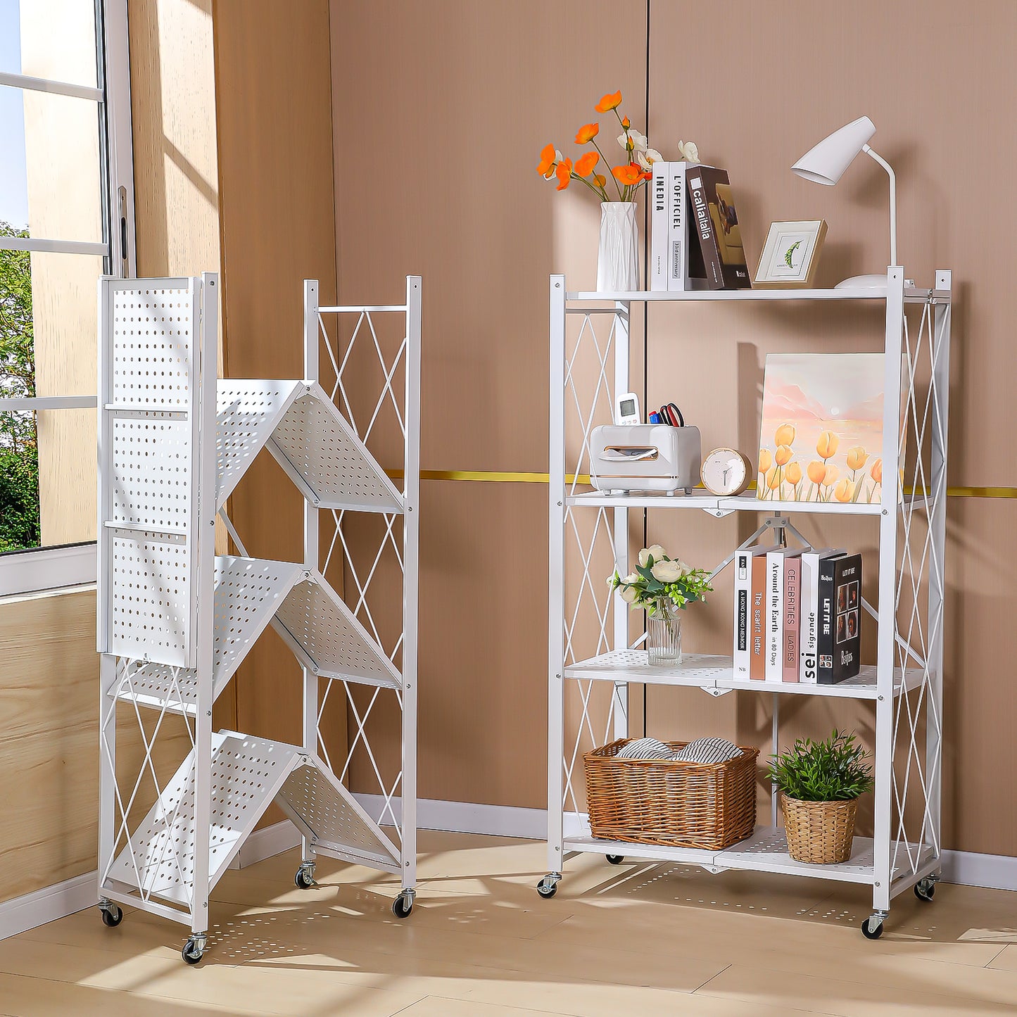 Joybos® 5 Tier White Heavy Duty Foldable Metal Organizer Shelves with Wheels