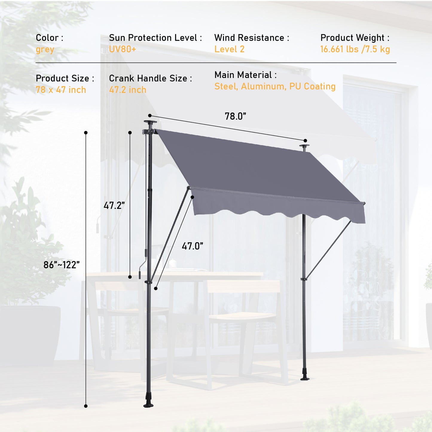 Manual Retractable Awning Canopy-78'' Non-Screw Outdoor Sun Shade Cover with UV Protection [Sale to Temu is Banned.Weekend can not be shipped, order with caution]