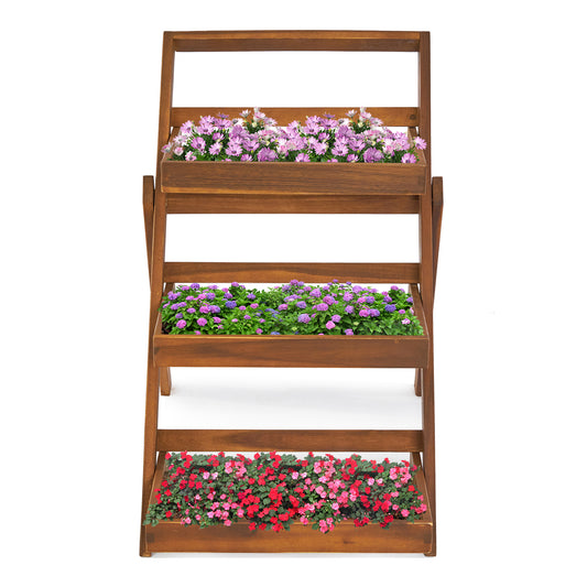 3-Tier Acacia Wood Plant Stand, Foldable Compact Indoor/Outdoor Display Rack for Plants and Decorative Items