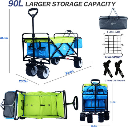 Collapsible Heavy Duty Beach Wagon Cart All Terrain Beach Wheels Large Capacity Outdoor Folding Utility Camping Garden Cart Brake & Aluminum Frame Cooler Bag for Beach Camping Shopping (blue＆green）