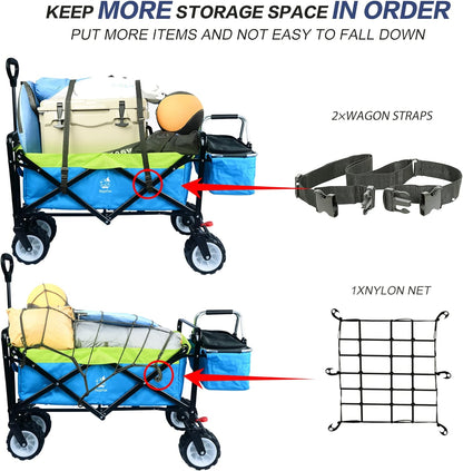 Collapsible Heavy Duty Beach Wagon Cart All Terrain Beach Wheels Large Capacity Outdoor Folding Utility Camping Garden Cart Brake & Aluminum Frame Cooler Bag for Beach Camping Shopping (blue＆green）