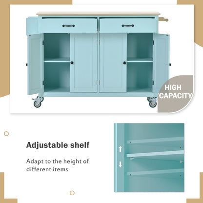 Kitchen Island Cart with 4 Door Cabinet and Two Drawers and 2 Locking Wheels - Solid Wood Top, Adjustable Shelves, Spice & Towel Rack(Mint Green)