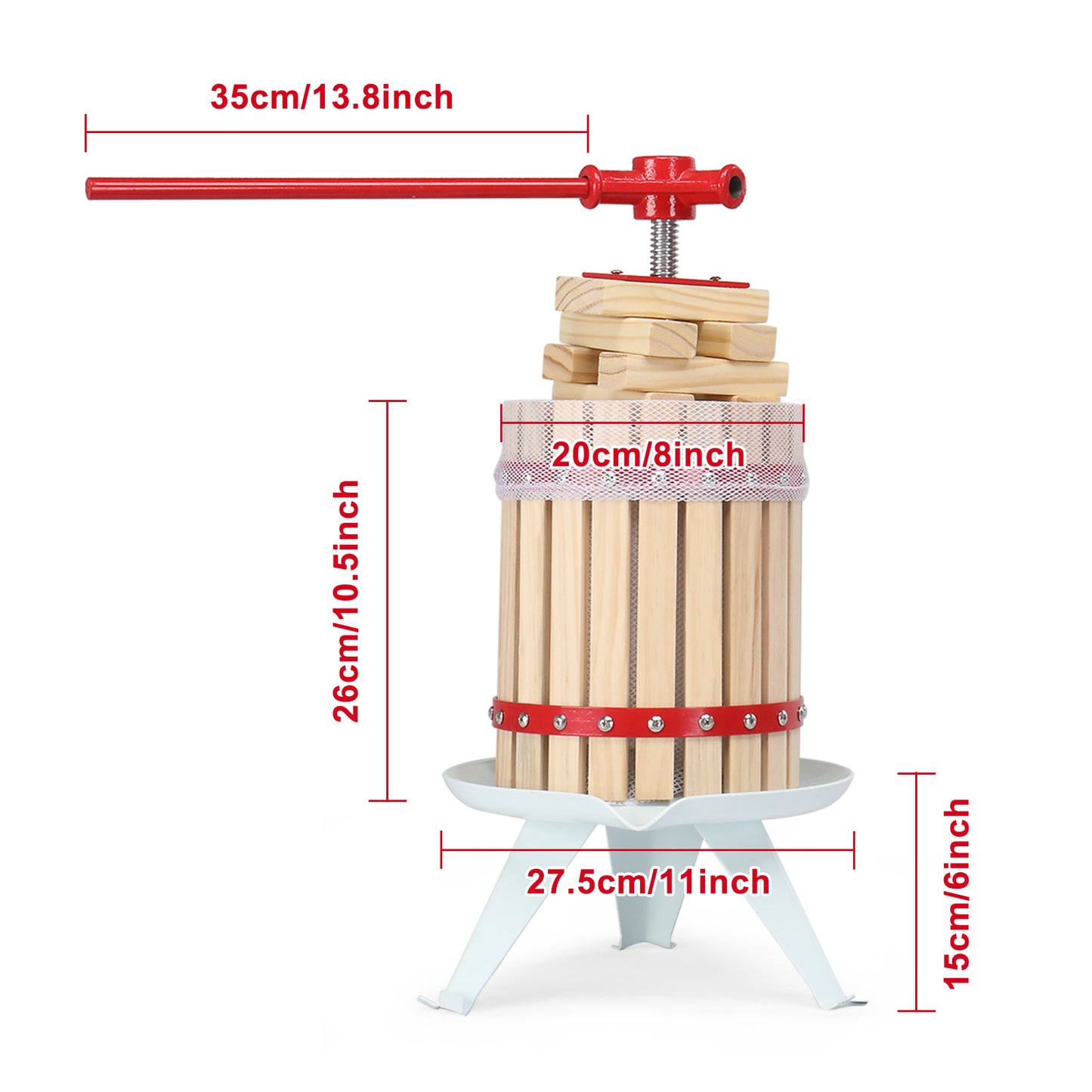 1.6 Gallon Fruit Wine Press, Solid Wood Basket Wine Making Press with 6 Blocks, 6 Liter Cider Apple Grape Crusher Manual Juice Maker for Kitchen Home Outdoor, Red