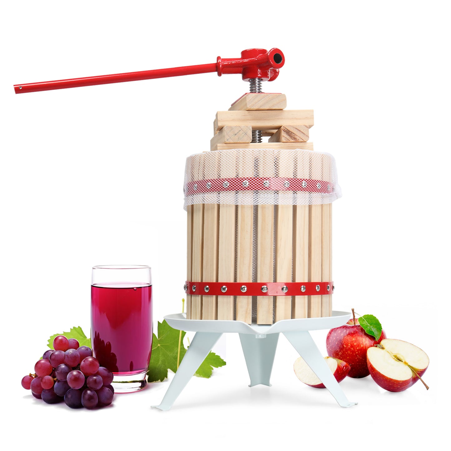 4.75 Gallon Fruit Wine Press, Solid Wood Basket Wine Making Press with 8 Blocks, 18 Liter Cider Apple Grape Crusher Manual Juice Maker for Kitchen Home Outdoor, Red