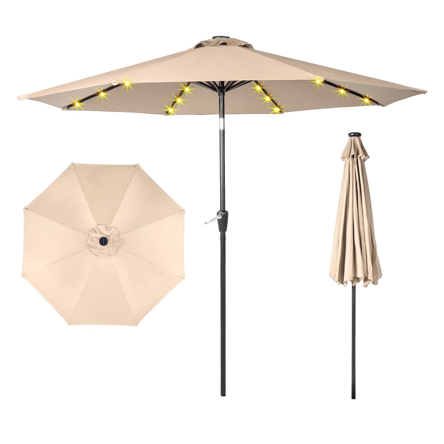 9FT  Umbrella Waterproof Folding Sunshade Beige With Light( Not Included Umbrella Base)