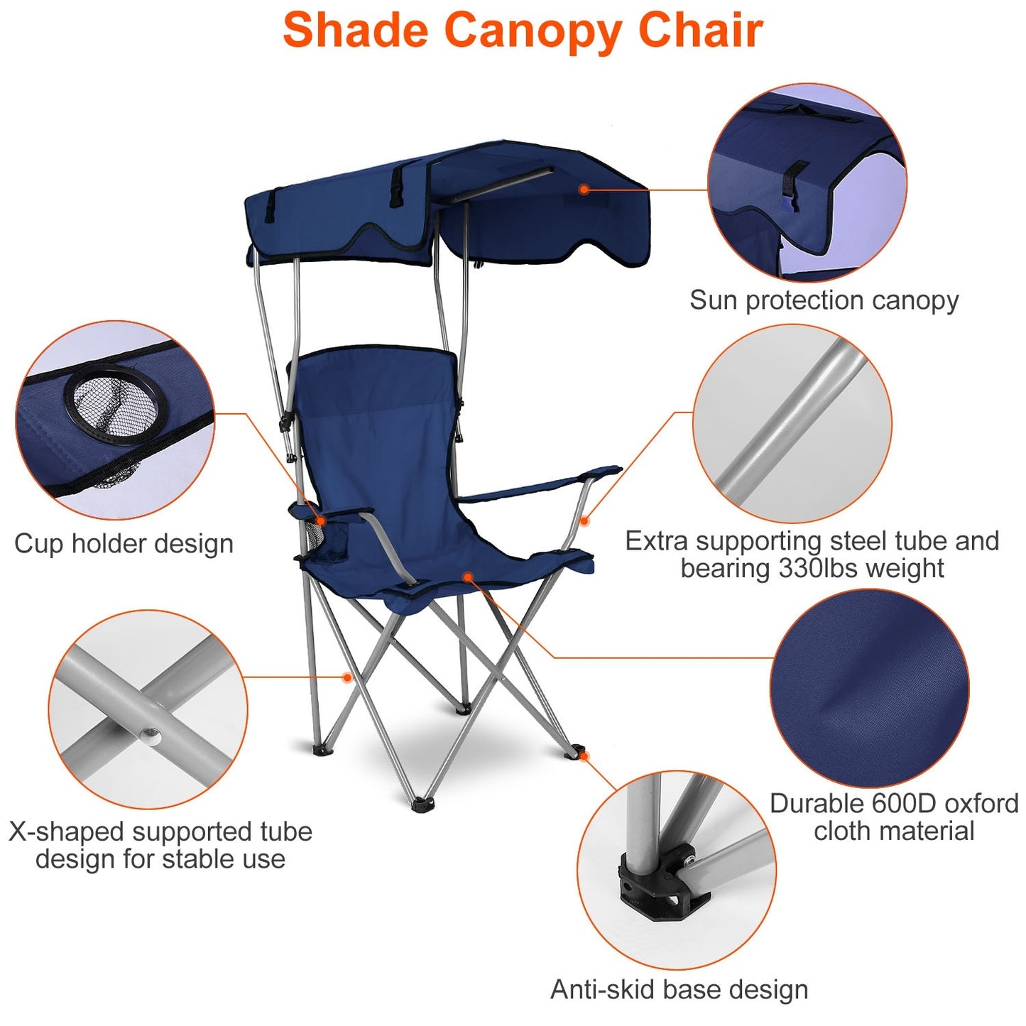 Camping Chairs with Shade Canopy for Adults, Foldable Portable Canopy Chair, Folding Lawn Outdoor Chair with Canopy for Beach, Camping, Support 330LBS--Navy Blue（No shipment on weekends）