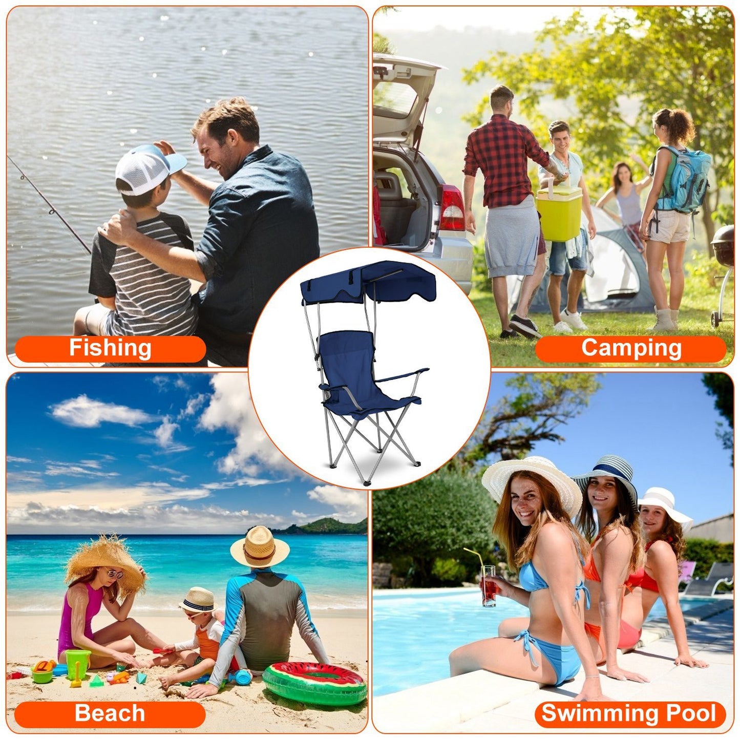 Camping Chairs with Shade Canopy for Adults, Foldable Portable Canopy Chair, Folding Lawn Outdoor Chair with Canopy for Beach, Camping, Support 330LBS--Navy Blue（No shipment on weekends）