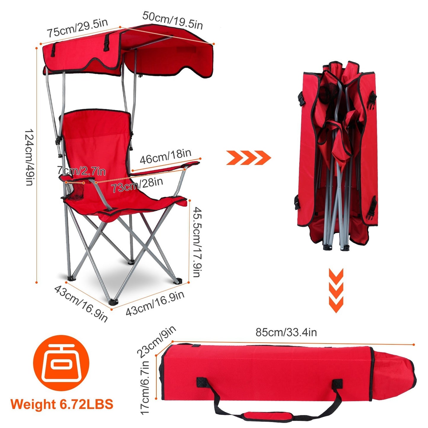 Camping Chairs with Shade Canopy for Adults, Foldable Portable Canopy Chair, Folding Lawn Outdoor Chair with Canopy for Beach, Camping, Support 330LBS--Red（No shipment on weekends）