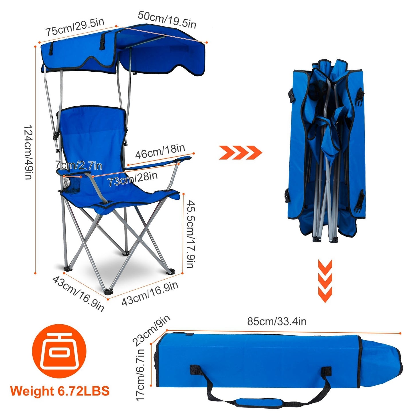 Camping Chairs with Shade Canopy for Adults, Foldable Portable Canopy Chair, Folding Lawn Outdoor Chair with Canopy for Beach, Camping, Support 330LBS--Blue（No shipment on weekends）