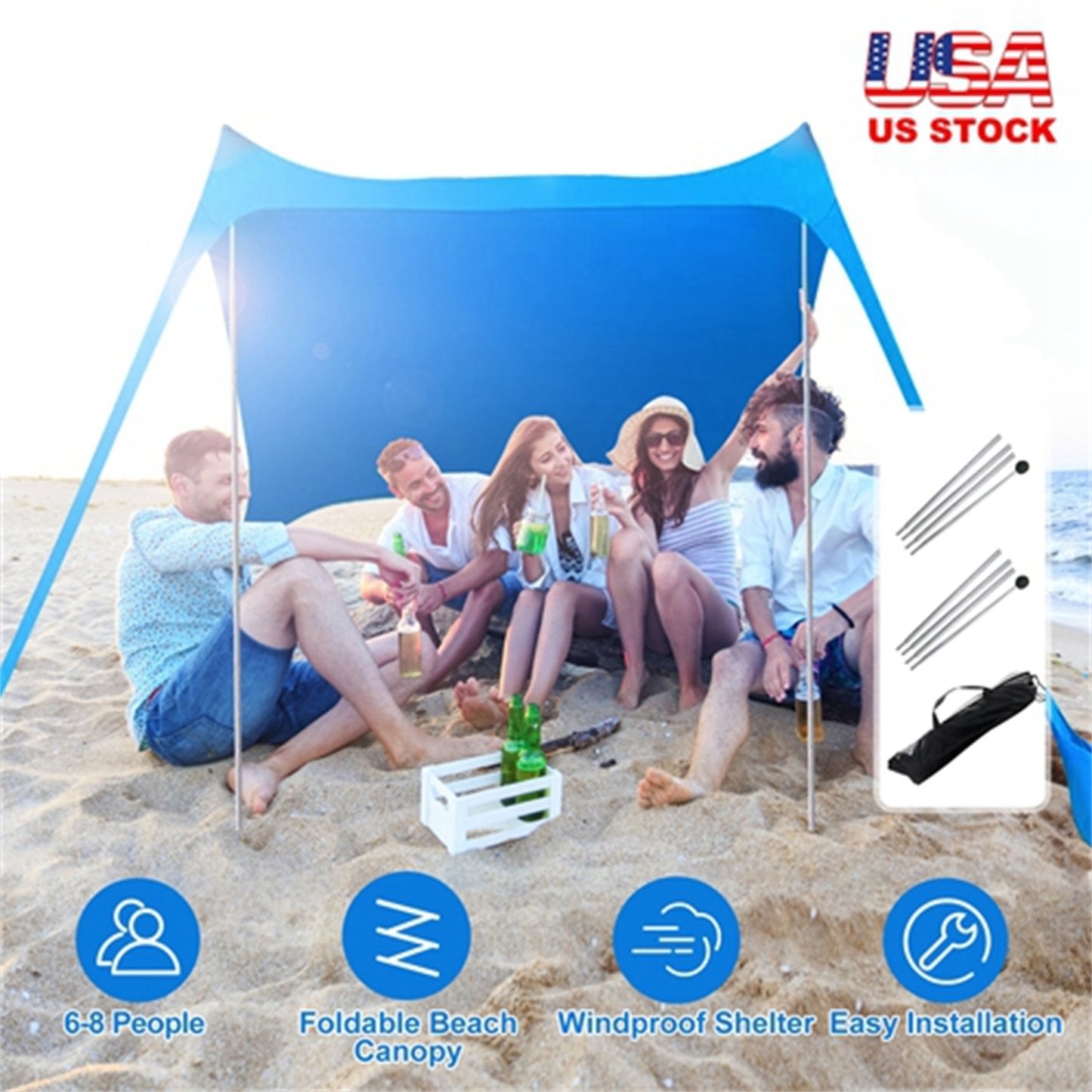 9.8x9.8FT Foldable Beach Canopy Tent Collapsible Shade Sail Sun Protection Windproof Shelter 4 Sandbag 2 Pole Portable Storage Bag Rectangle Blue（No shipments on weekends）