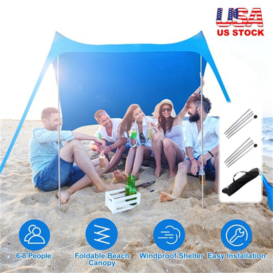 9.8x9.8FT Foldable Beach Canopy Tent Collapsible Shade Sail Sun Protection Windproof Shelter 4 Sandbag 2 Pole Portable Storage Bag Rectangle Blue（No shipments on weekends）