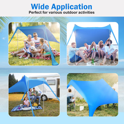 9.8x9.8FT Foldable Beach Canopy Tent Collapsible Shade Sail Sun Protection Windproof Shelter 4 Sandbag 2 Pole Portable Storage Bag Rectangle Blue（No shipments on weekends）