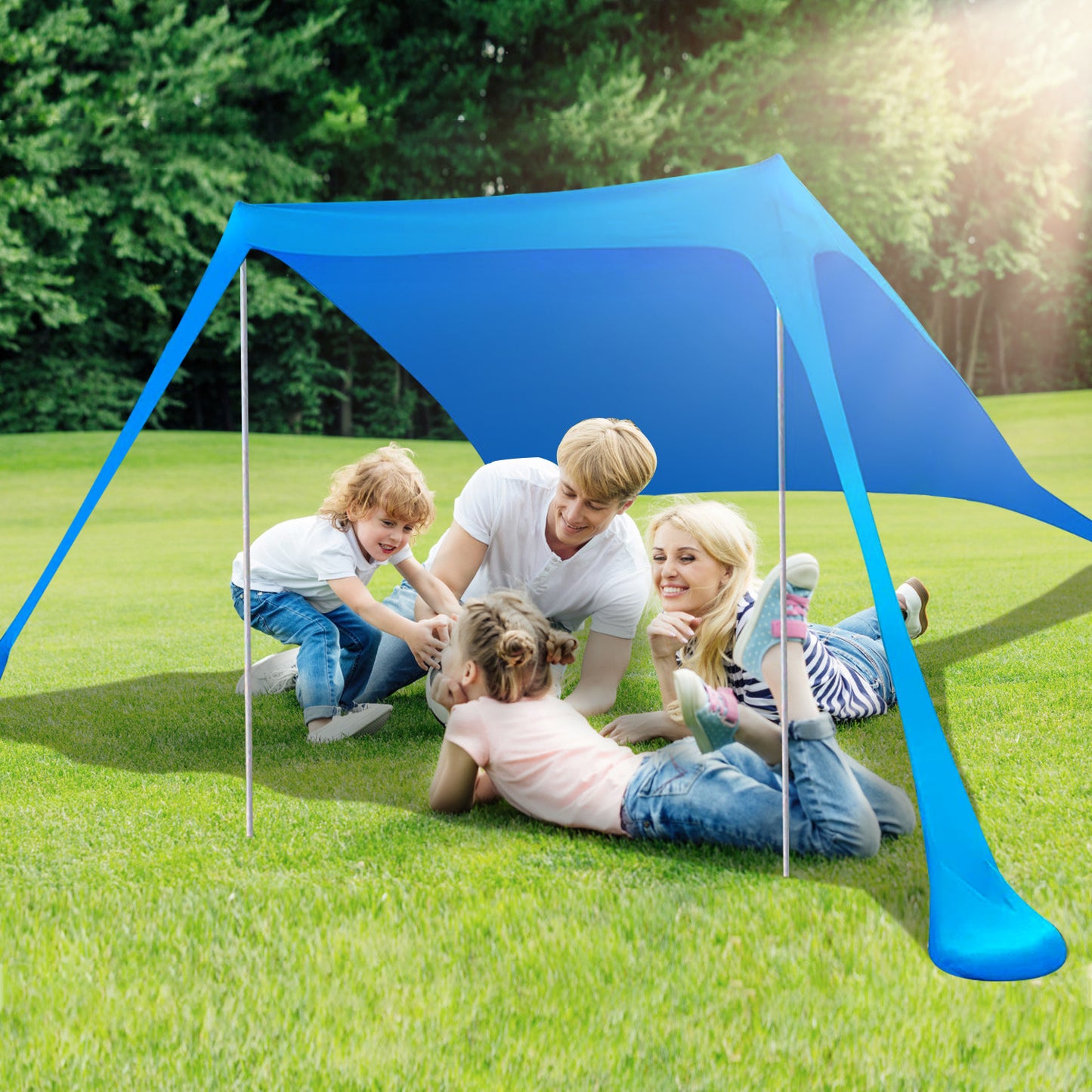 9.8x9.8FT Foldable Beach Canopy Tent Collapsible Shade Sail Sun Protection Windproof Shelter 4 Sandbag 2 Pole Portable Storage Bag Rectangle Blue（No shipments on weekends）