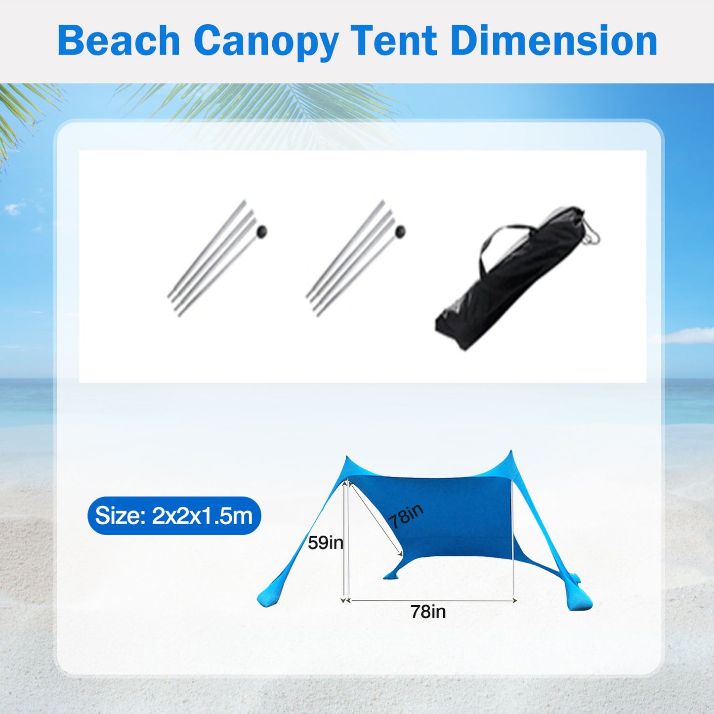 6.5x6.5FT Foldable Beach Canopy Tent Collapsible Shade Sail Sun Protection Windproof Shelter 4 Sandbag 2 Pole Portable Storage Bag Rectangle Blue（No shipments on weekends）