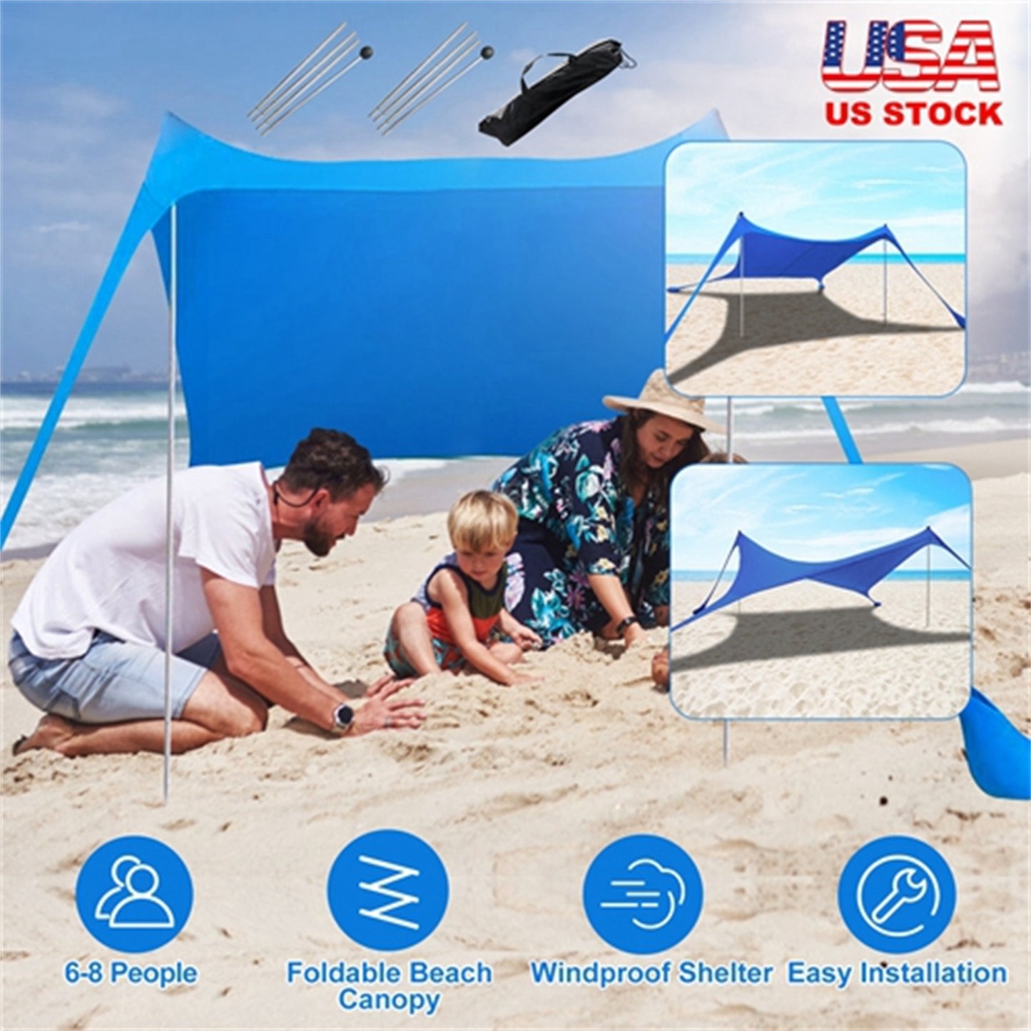 6.5x6.5FT Foldable Beach Canopy Tent Collapsible Shade Sail Sun Protection Windproof Shelter 4 Sandbag 2 Pole Portable Storage Bag Rectangle Blue（No shipments on weekends）