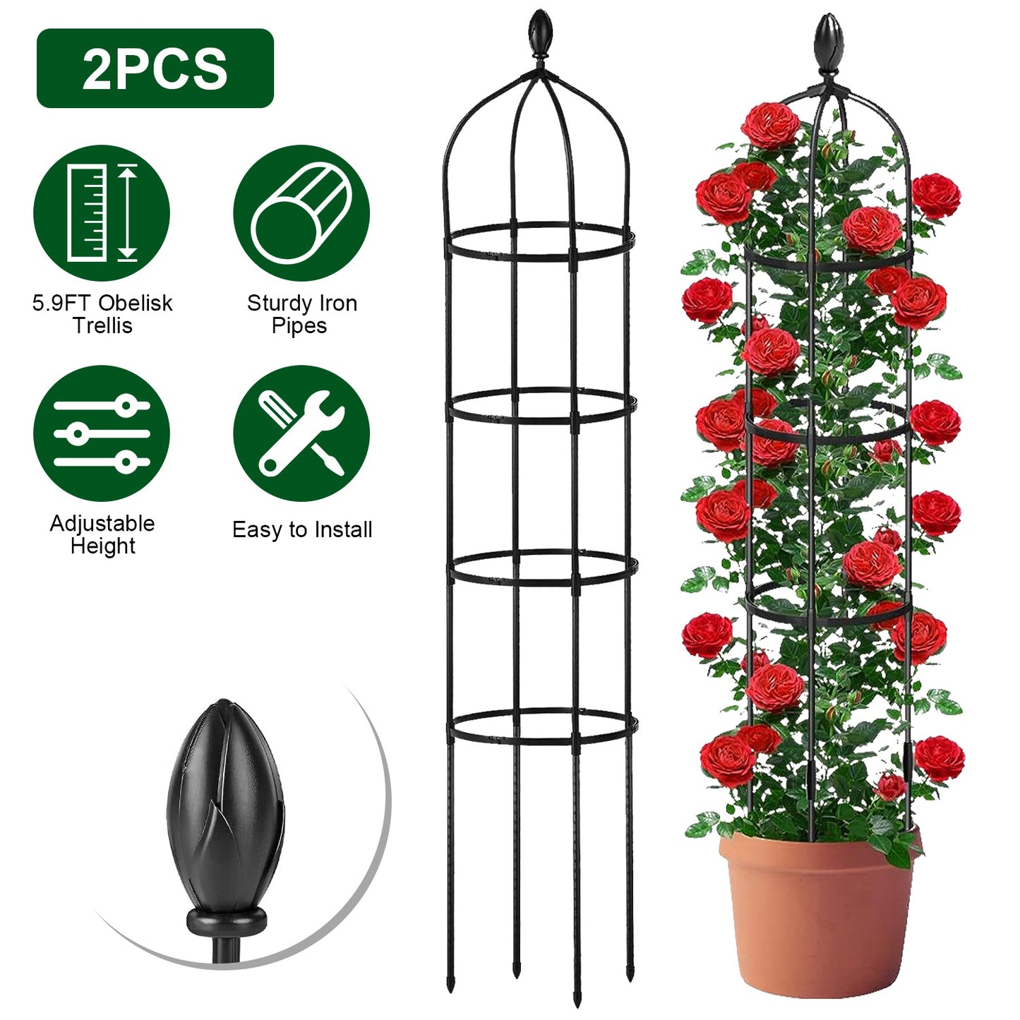 2 Packs Garden Obelisk Trellis 5.9FT Plants Tower for Climbing Plants Flower Vegetable Vine Support Rustproof Garden Plant Trellis Black(No shipments on weekends)