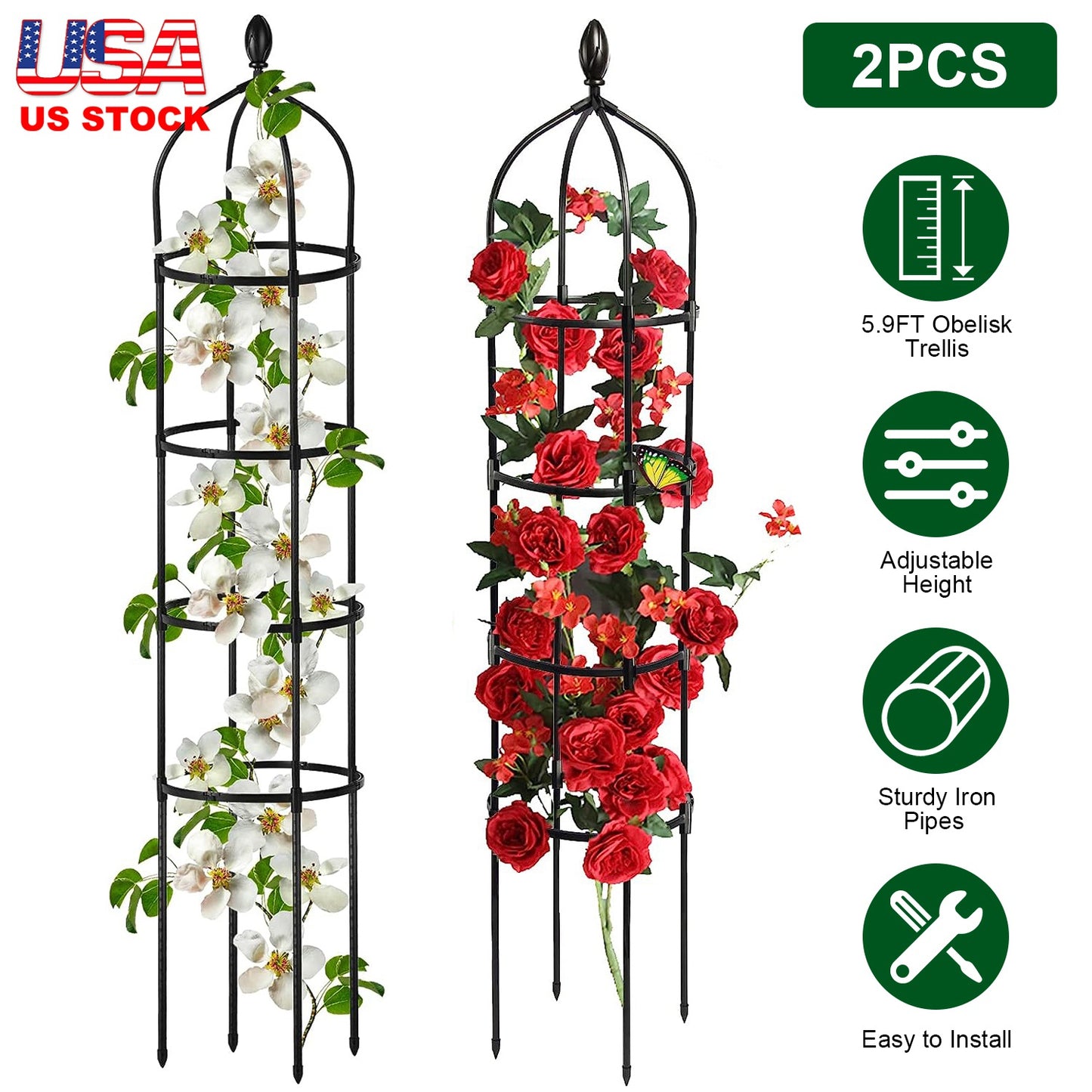 2 Packs Garden Obelisk Trellis 5.9FT Plants Tower for Climbing Plants Flower Vegetable Vine Support Rustproof Garden Plant Trellis Black(No shipments on weekends)