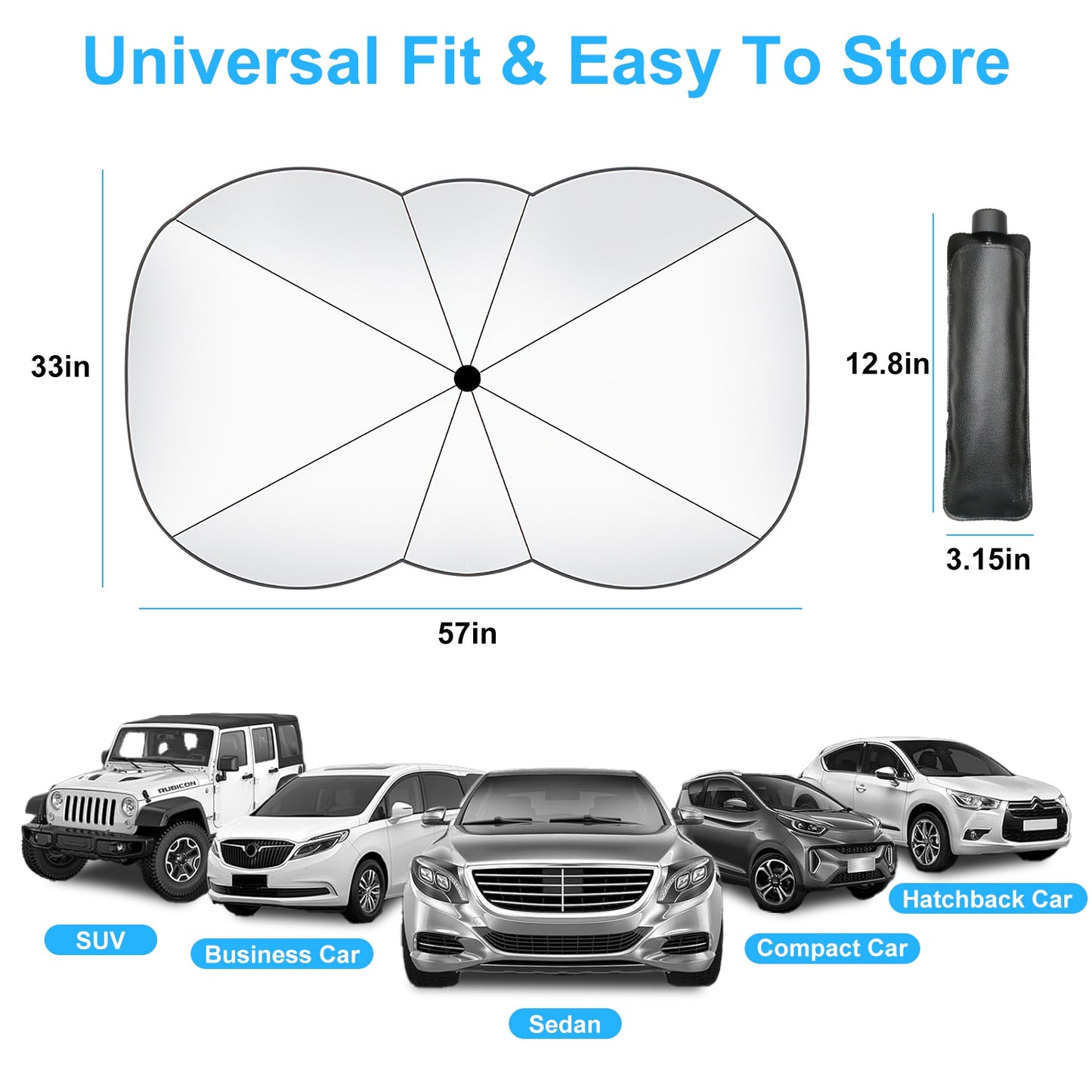 57x33In Foldable Car Sun Umbrella Universal Sun Blocker Shield Shade Silver Titanium Sun Protector with Carry Bag for Car Truck SUV