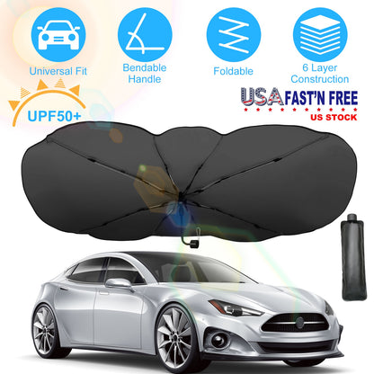 57x33In Foldable Car Sun Umbrella Universal Sun Blocker Shield Shade Silver Titanium Sun Protector with Carry Bag for Car Truck SUV