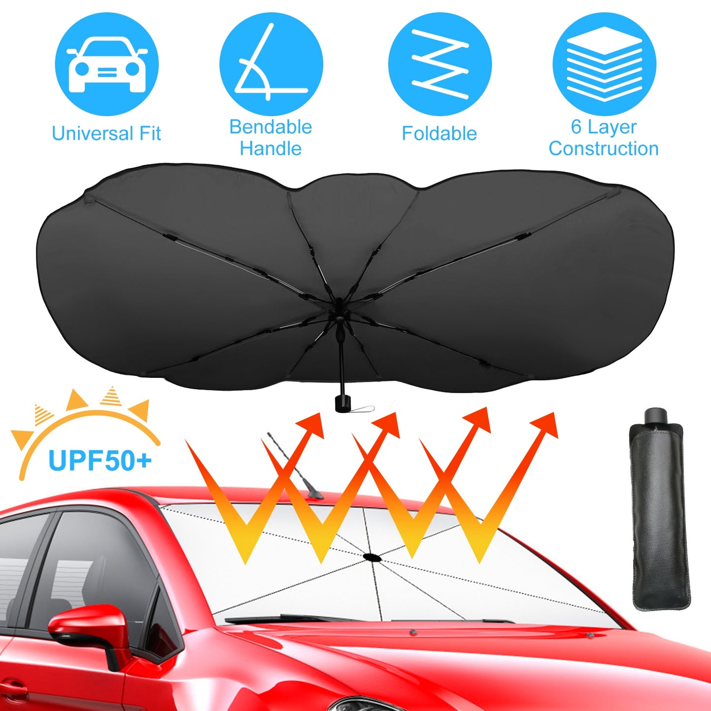 57x33In Foldable Car Sun Umbrella Universal Sun Blocker Shield Shade Silver Titanium Sun Protector with Carry Bag for Car Truck SUV