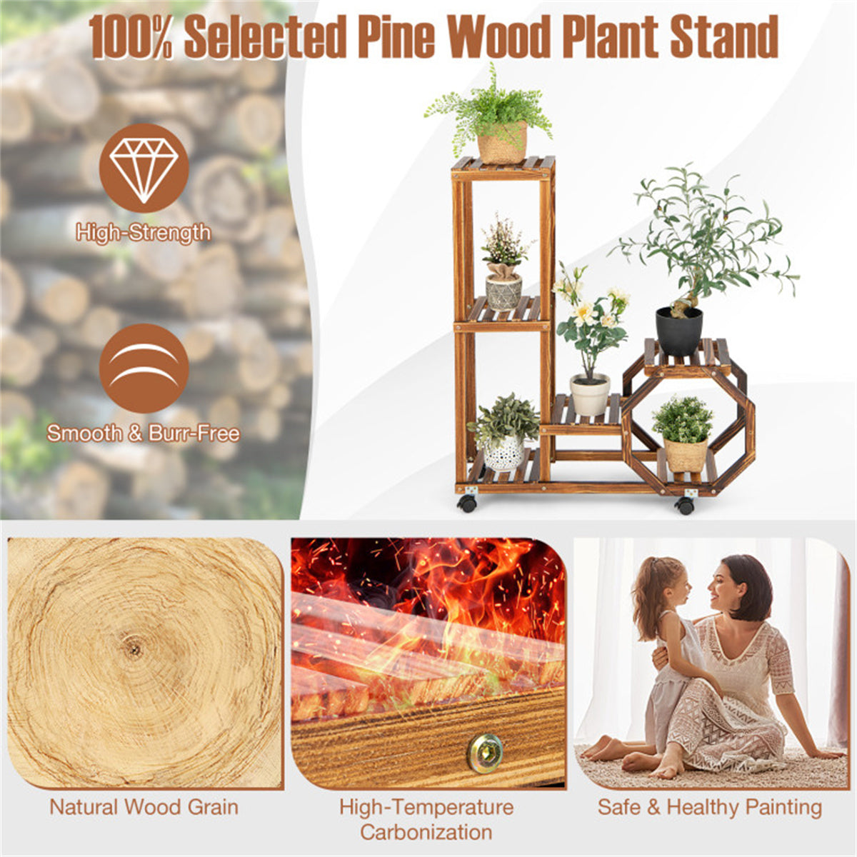 Wooden Plant Stand with Wheels