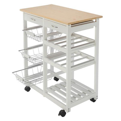 Moveable Kitchen Cart with Two Drawers & Two Wine Racks & Three Baskets White