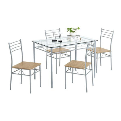 [110 x 70 x 76cm] Iron Glass Dining Table and Chairs Silver One Table and Four Chairs MDF Cushion