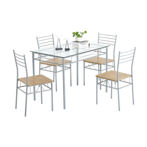 [110 x 70 x 76cm] Iron Glass Dining Table and Chairs Silver One Table and Four Chairs MDF Cushion