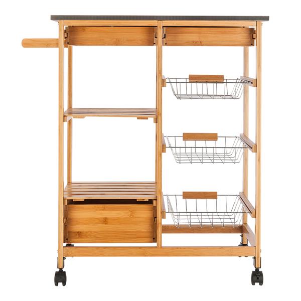 Moveable Kitchen Cart with Stainless Steel Table Top & Three Drawers & Three Baskets Burlywood