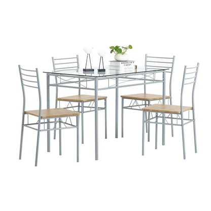 [110 x 70 x 76cm] Iron Glass Dining Table and Chairs Silver One Table and Four Chairs MDF Cushion