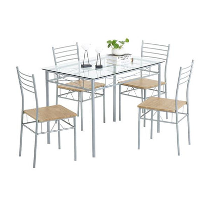 [110 x 70 x 76cm] Iron Glass Dining Table and Chairs Silver One Table and Four Chairs MDF Cushion