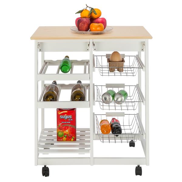 Moveable Kitchen Cart with Two Drawers & Two Wine Racks & Three Baskets White