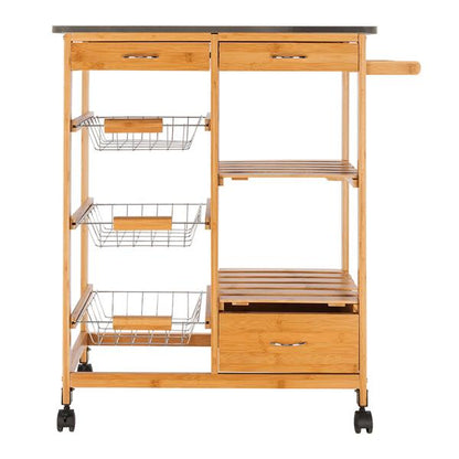 Moveable Kitchen Cart with Stainless Steel Table Top & Three Drawers & Three Baskets Burlywood