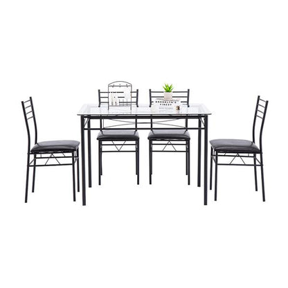 [110 x 70 x 76cm] Iron Glass Dining Table and Chairs Black One Table and Four Chairs PU Cushion