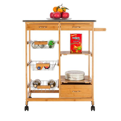 Moveable Kitchen Cart with Stainless Steel Table Top & Three Drawers & Three Baskets Burlywood