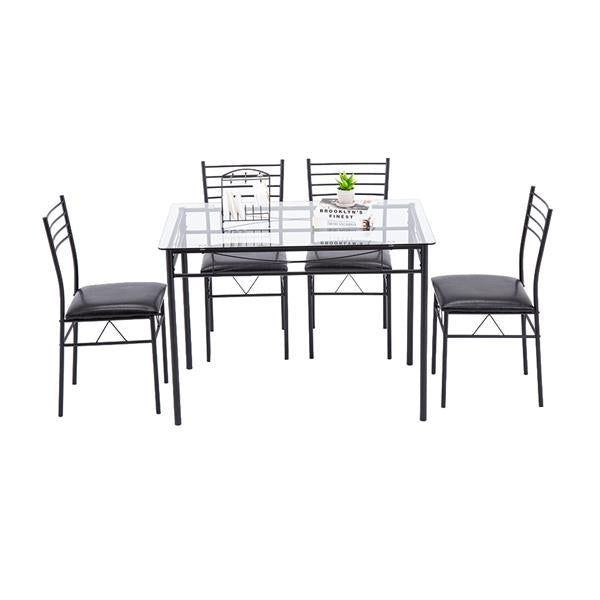 [110 x 70 x 76cm] Iron Glass Dining Table and Chairs Black One Table and Four Chairs PU Cushion