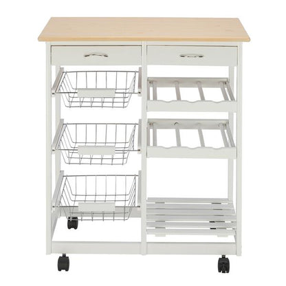 Moveable Kitchen Cart with Two Drawers & Two Wine Racks & Three Baskets White