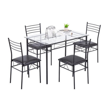 [110 x 70 x 76cm] Iron Glass Dining Table and Chairs Black One Table and Four Chairs PU Cushion