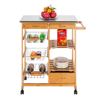 Moveable Kitchen Cart with Stainless Steel Table Top & Three Drawers & Three Baskets Burlywood