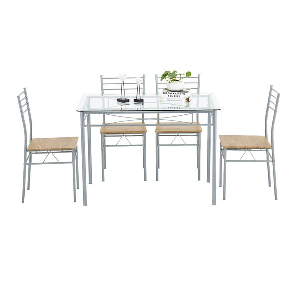 [110 x 70 x 76cm] Iron Glass Dining Table and Chairs Silver One Table and Four Chairs MDF Cushion